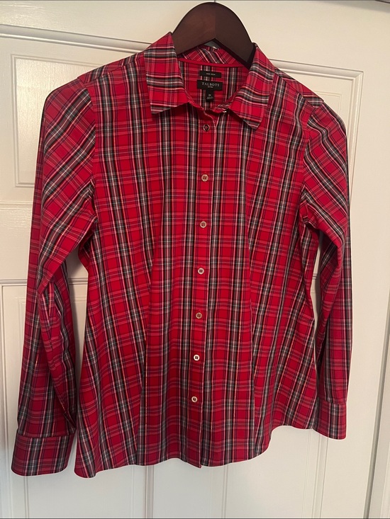 Talbots Tops - Talbots Red and Black with Gold Plaid Button-Front Shirt | Size 2 Petite
